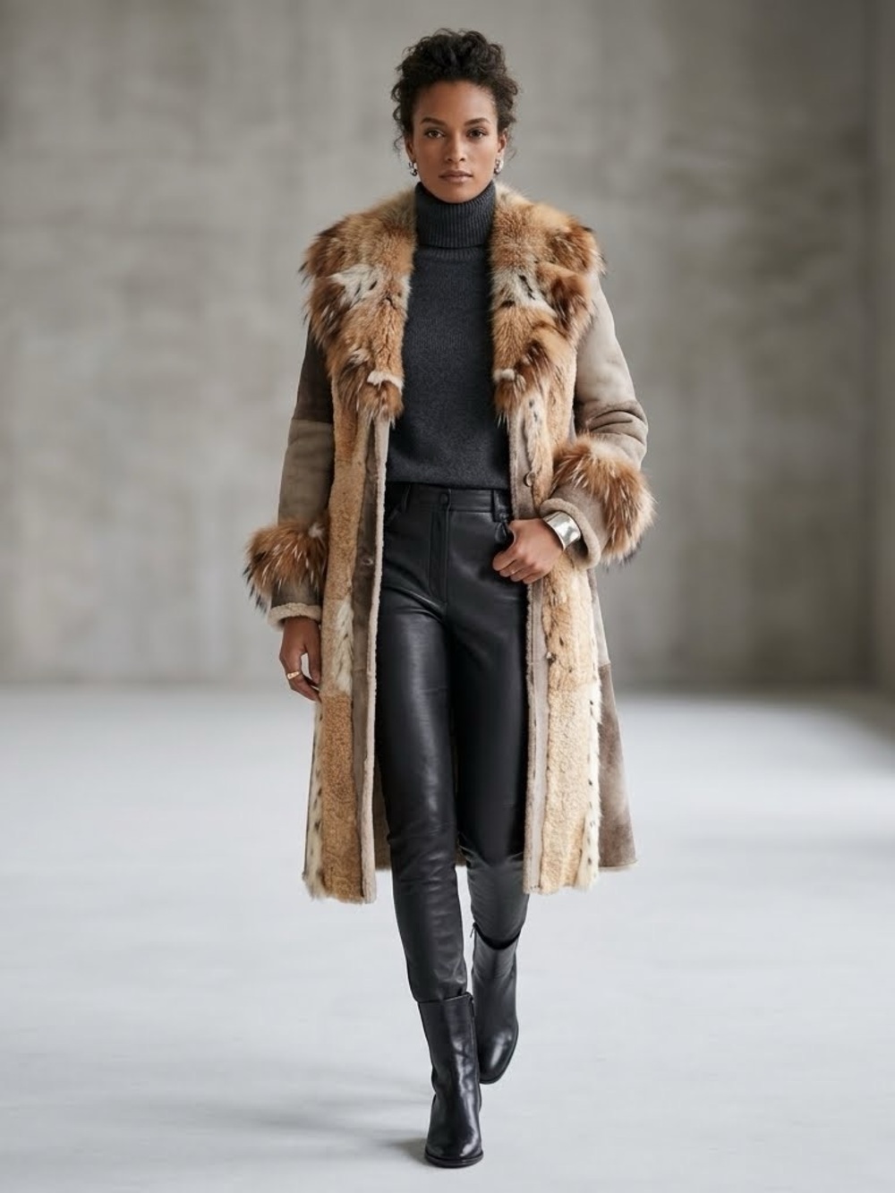 Rare Vintage 70s Penny Lane Patchwork Shearling Coat w/ Genuine Lynx Fur Trim -